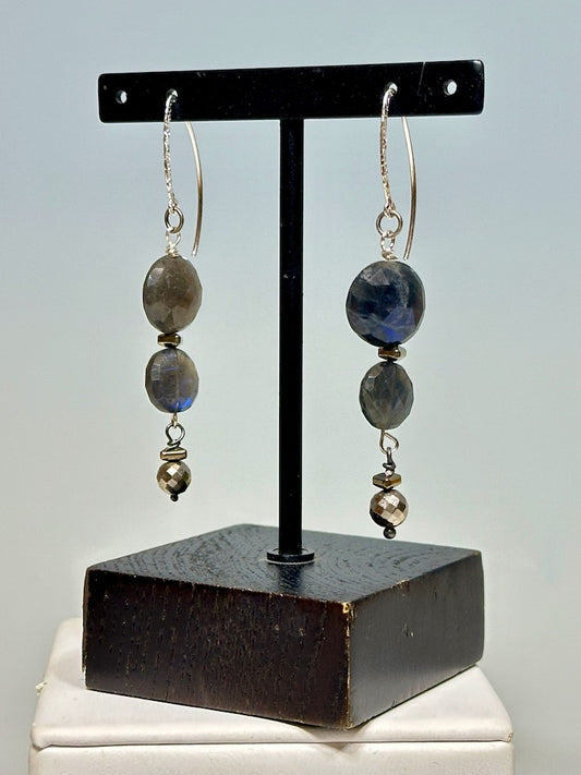 STERLING SILVER, PYRITE AND LABRADORITE DROP EARRINGS LCE637