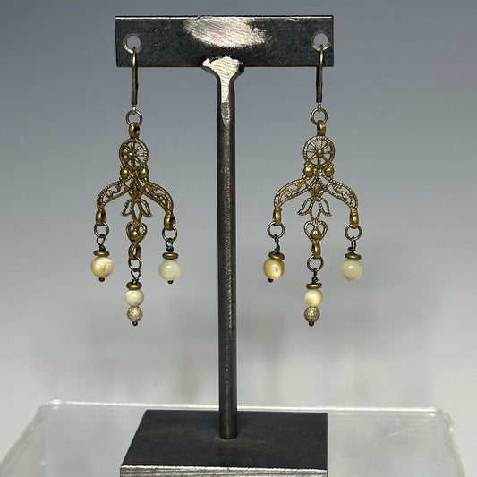 BRASS CHANDELEIR EARRINGS WITH MOTHER OF PEARL BEADS LCE749