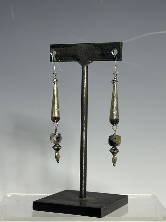 STERLING SILVER LONG CAP EARRINGS WITH TOPAZ AND TERMINATED QUARTZ LCE889