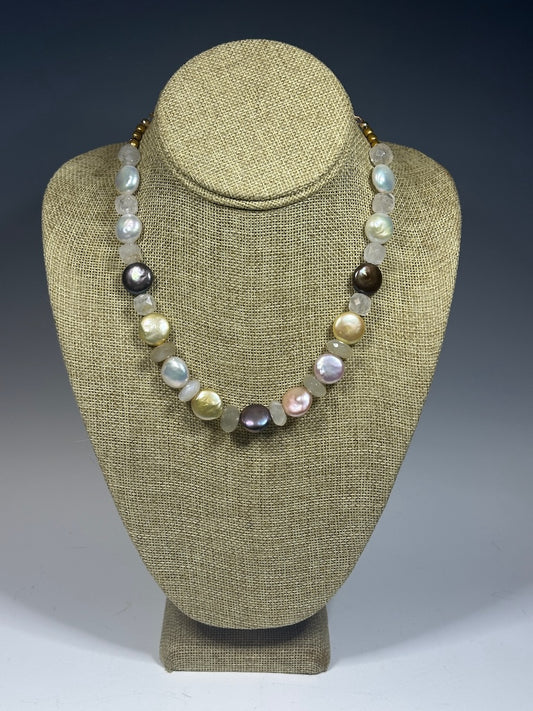 FRESH WATER PEARL, MOONSTONE AND QUARTZ STATEMENT NECKLACE LCN1001