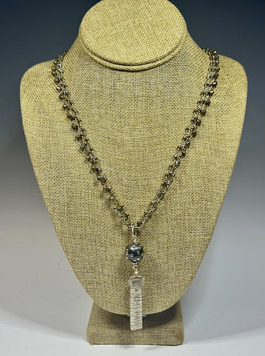 TRIPLE PYRITE NECKLACE WITH OXIDIZED STERLING SILVER FOCAL BEAD AND PENDANT LCN1004