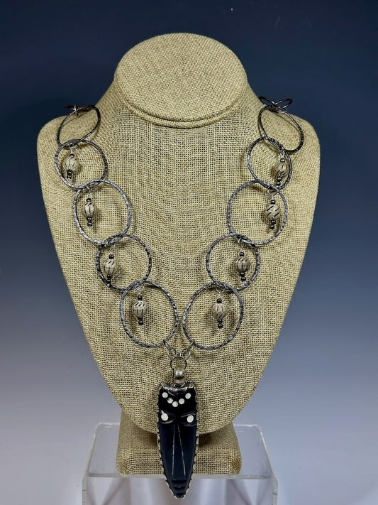 STERLING SILVER AND BLACK BONE MASK PENDANT WITH HEMATITE CIRCLE CHAIN AND SILVER BEADS LCN1013