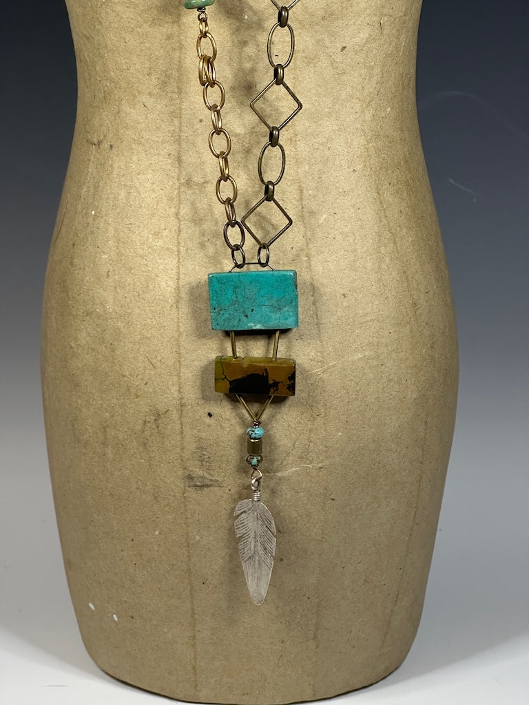 MULTI CHAIN STATEMENT NECKLACE WITH TURQUOISE AND STERLING SILVER FEATHER PENDANT LCN1015