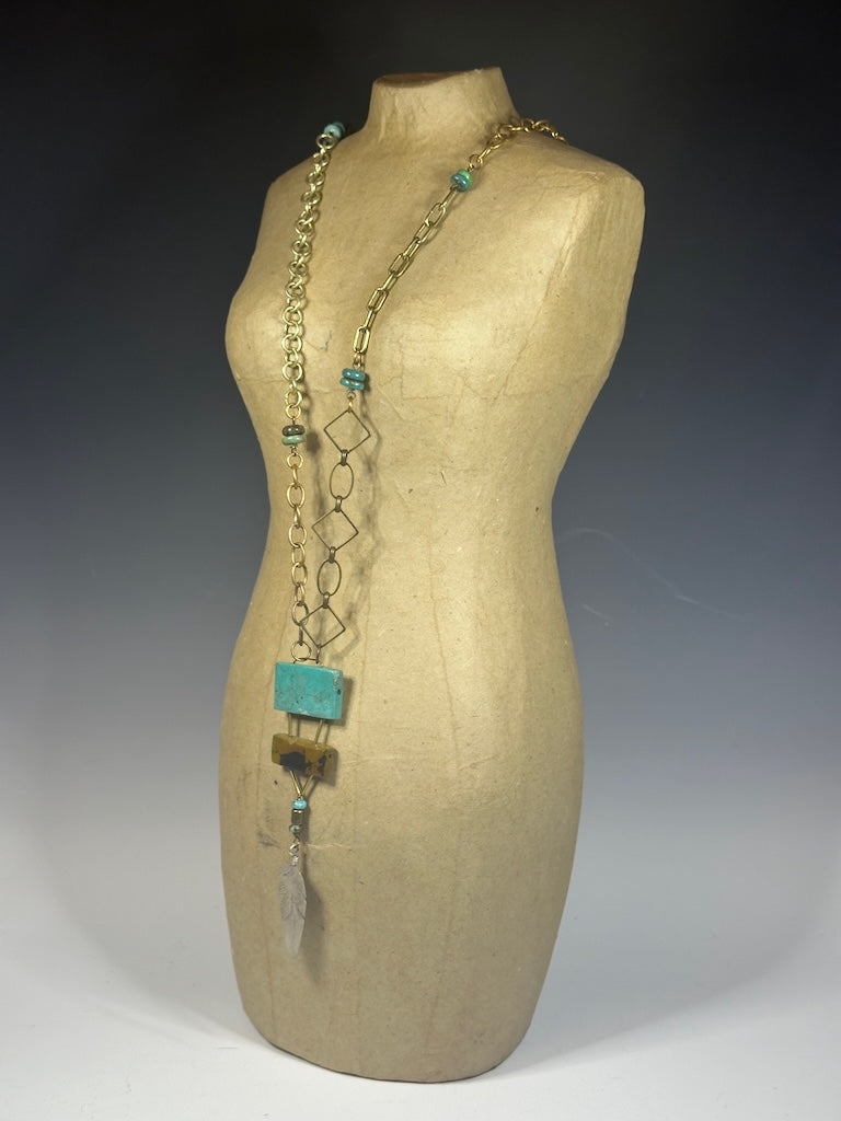 MULTI CHAIN STATEMENT NECKLACE WITH TURQUOISE AND STERLING SILVER FEATHER PENDANT LCN1015