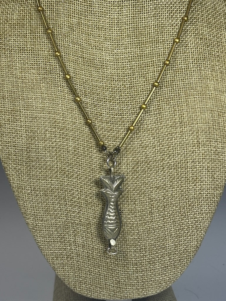 HANDMADE BRASS CHAIN WITH VINTAGE SILVER FISH NECKLACE LCN1016