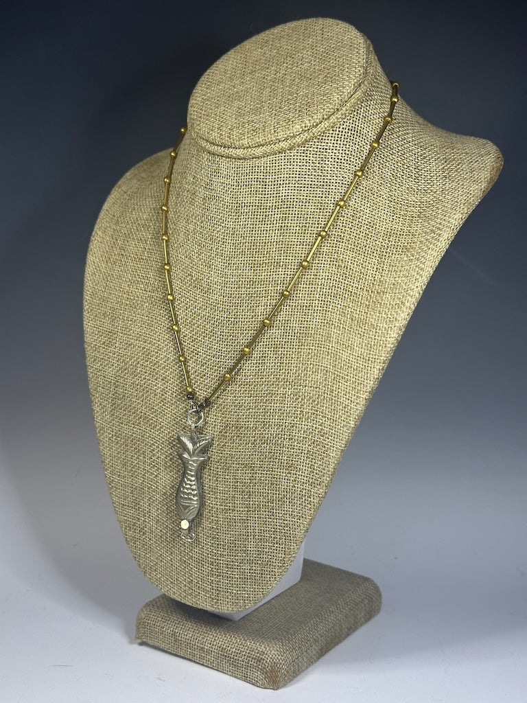 HANDMADE BRASS CHAIN WITH VINTAGE SILVER FISH NECKLACE LCN1016