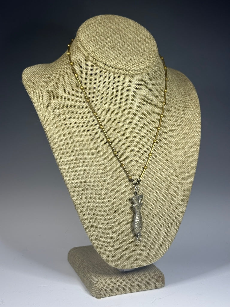 HANDMADE BRASS CHAIN WITH VINTAGE SILVER FISH NECKLACE LCN1016