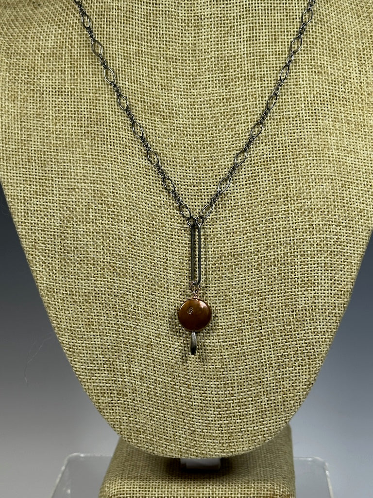 COPPER FRESHWATER PEARL DISC WITH OXIDIZED STERLING SILVER AND PAPERCLIP NECKLACE LCN1027