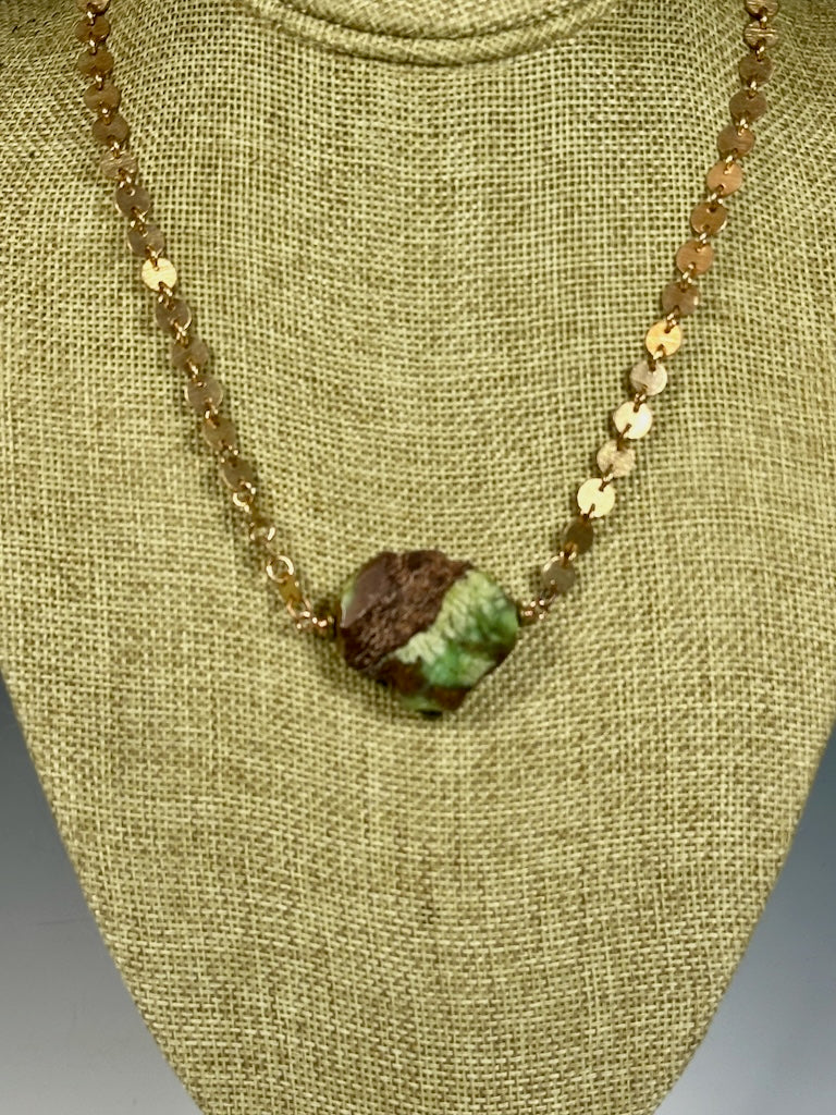 CHRYSOCOLLA FOCAL BEAD WITH COPPER DISC CHAIN NECKLACE LCN1031