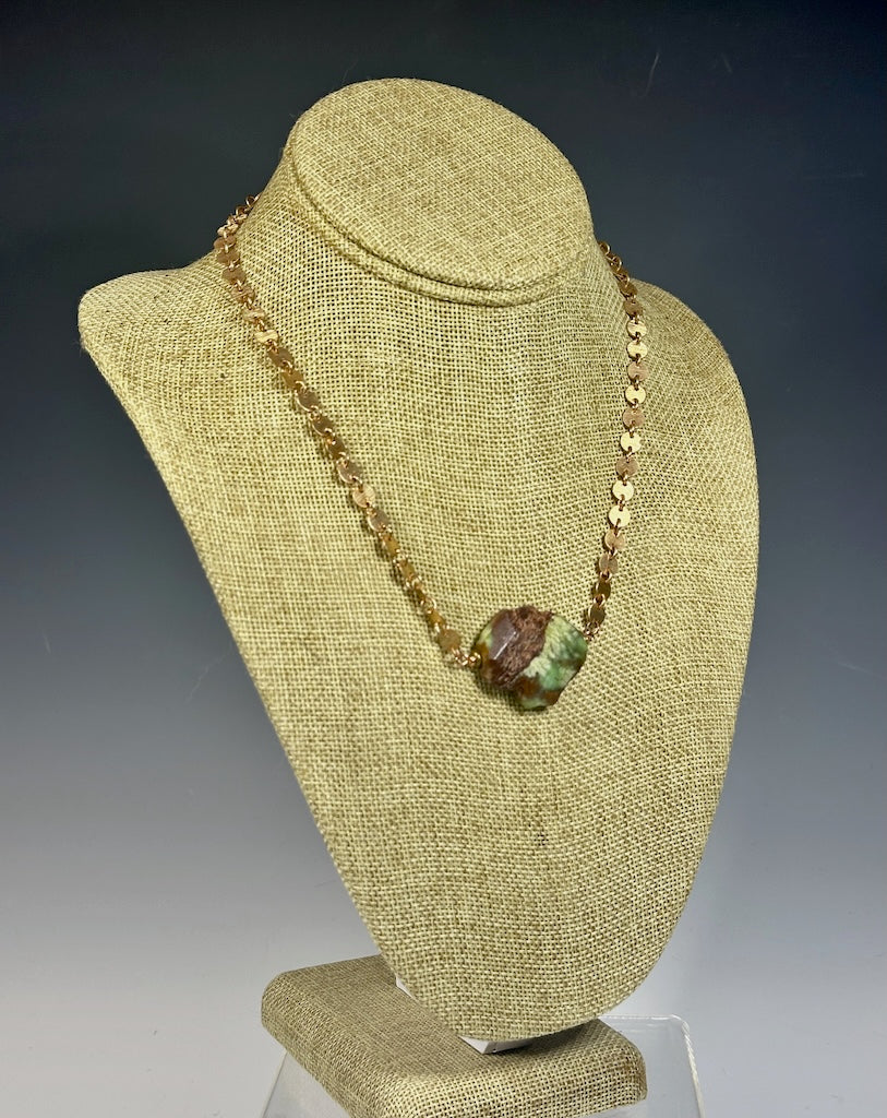 CHRYSOCOLLA FOCAL BEAD WITH COPPER DISC CHAIN NECKLACE LCN1031