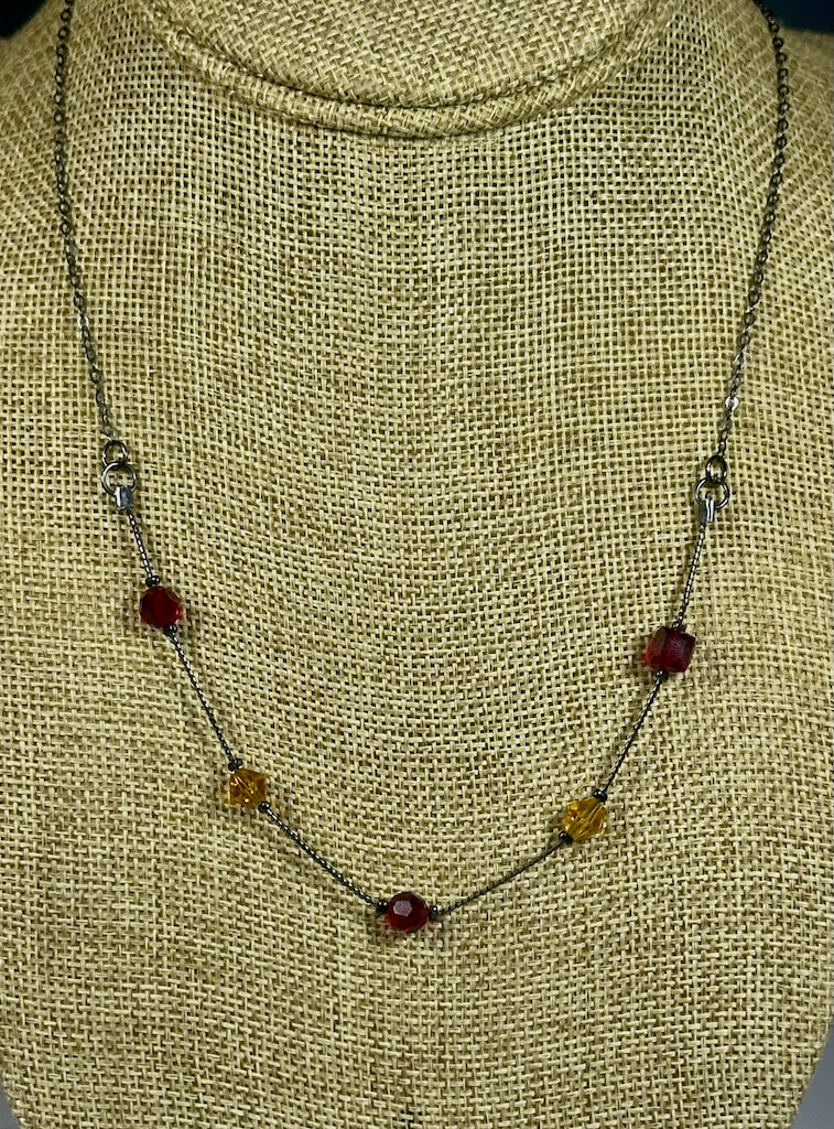 OXIDIZED STERLING SILVER CHAIN WITH RED/YELLOW GLASS BEAD NECKLACE LCN1033