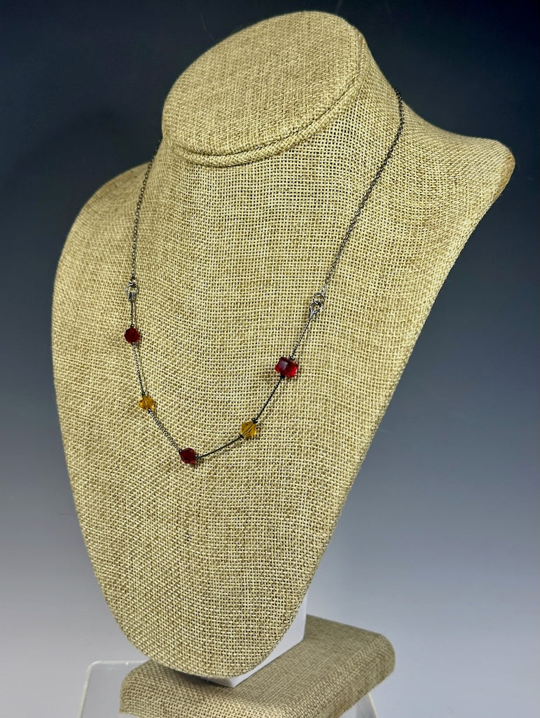 OXIDIZED STERLING SILVER CHAIN WITH RED/YELLOW GLASS BEAD NECKLACE LCN1033