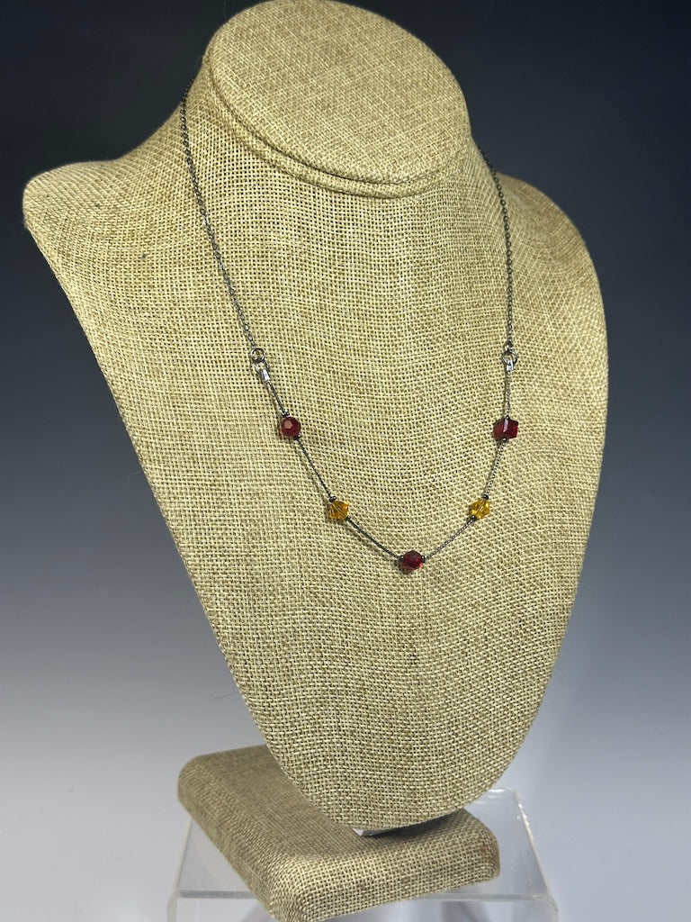 OXIDIZED STERLING SILVER CHAIN WITH RED/YELLOW GLASS BEAD NECKLACE LCN1033