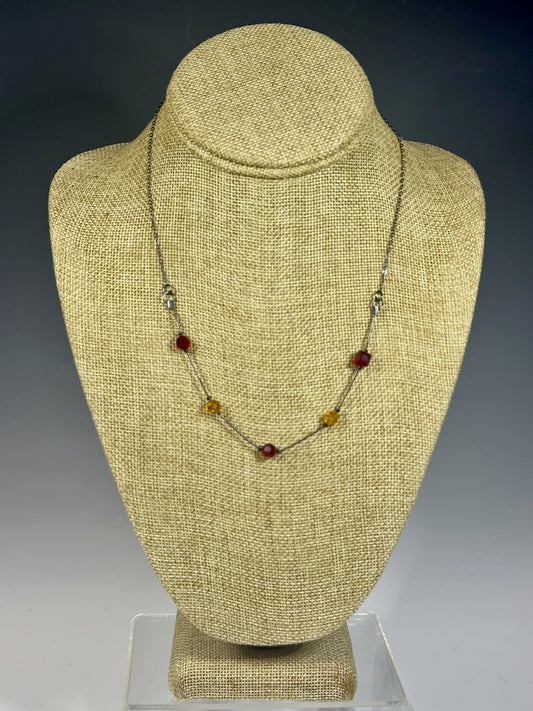 OXIDIZED STERLING SILVER CHAIN WITH RED/YELLOW GLASS BEAD NECKLACE LCN1033