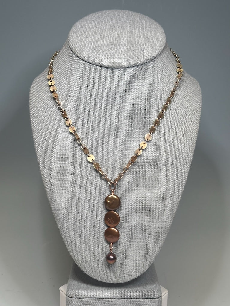 COPPER FRESHWATER PEARL PENDANT WITH COPPER DISC CHAIN LCN1046