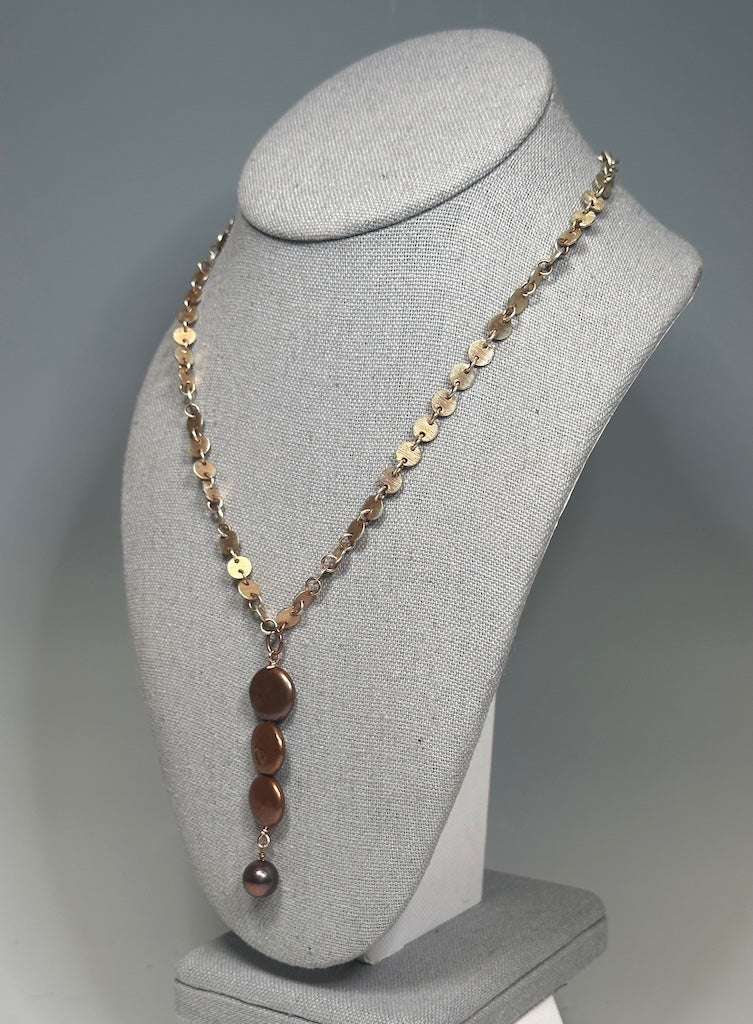 COPPER FRESHWATER PEARL PENDANT WITH COPPER DISC CHAIN LCN1046