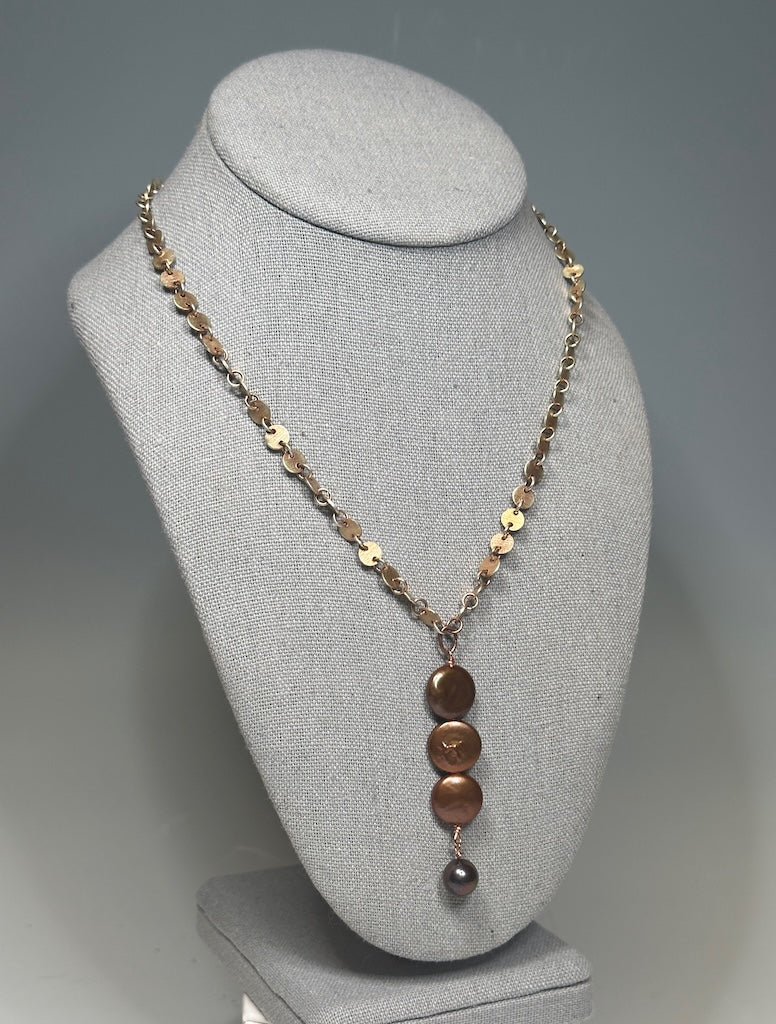 COPPER FRESHWATER PEARL PENDANT WITH COPPER DISC CHAIN LCN1046