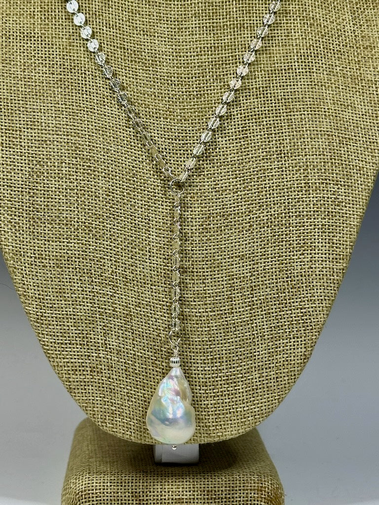 LARGE FRESHWATER PEARL PENDANT ON STERLING SILVER DISC CHAIN NECKLACE LCN1060