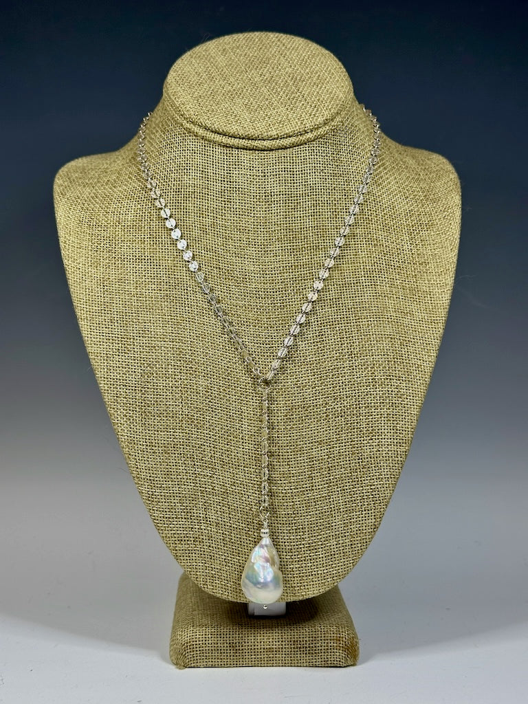 LARGE FRESHWATER PEARL PENDANT ON STERLING SILVER DISC CHAIN NECKLACE LCN1060