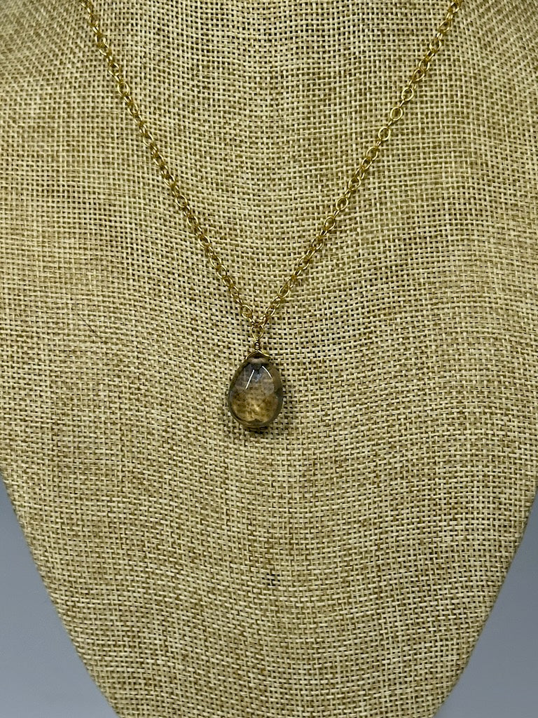 SMOKEY TOPAZ TEARDROP PENDANT NECKLACE WITH GOLD FILLED STERLING SILVER CHAIN LCN1066