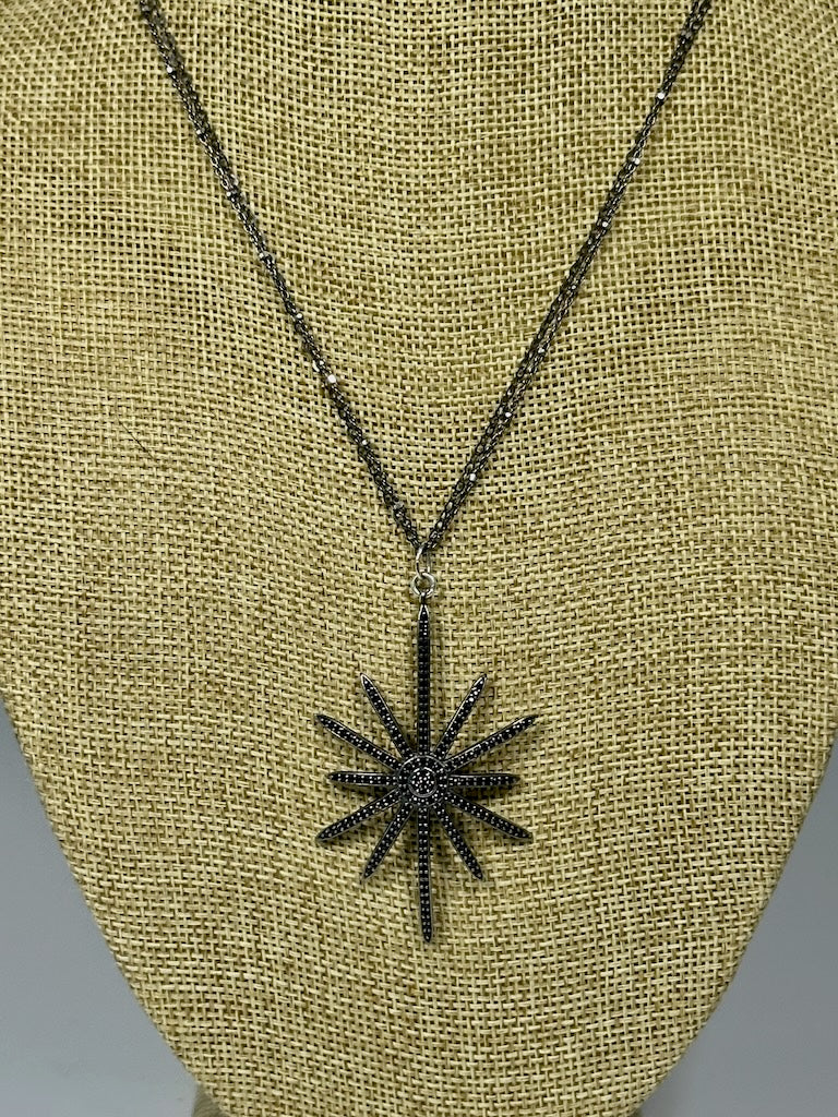 OXIDIZED STERLING SILVER AND DIAMOND STARBURST PENDANT WITH DOUBLE OXIDIZED STERLING SILVER CHAIN LCN1069