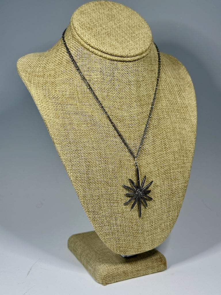 OXIDIZED STERLING SILVER AND DIAMOND STARBURST PENDANT WITH DOUBLE OXIDIZED STERLING SILVER CHAIN LCN1069