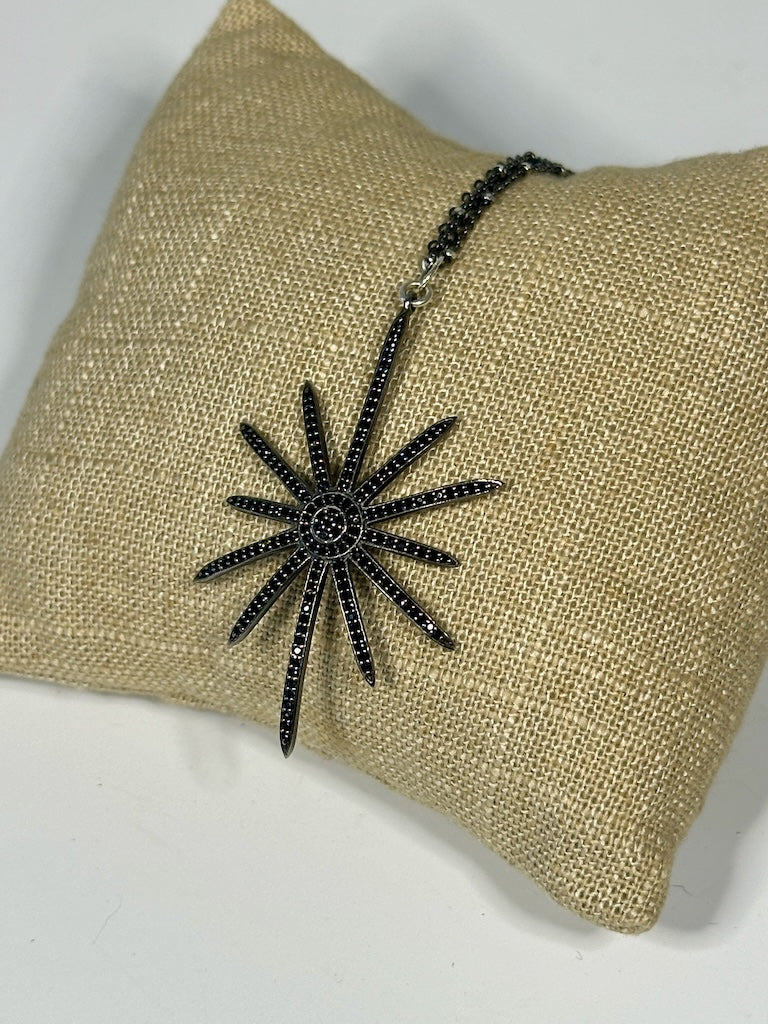 OXIDIZED STERLING SILVER AND DIAMOND STARBURST PENDANT WITH DOUBLE OXIDIZED STERLING SILVER CHAIN LCN1069