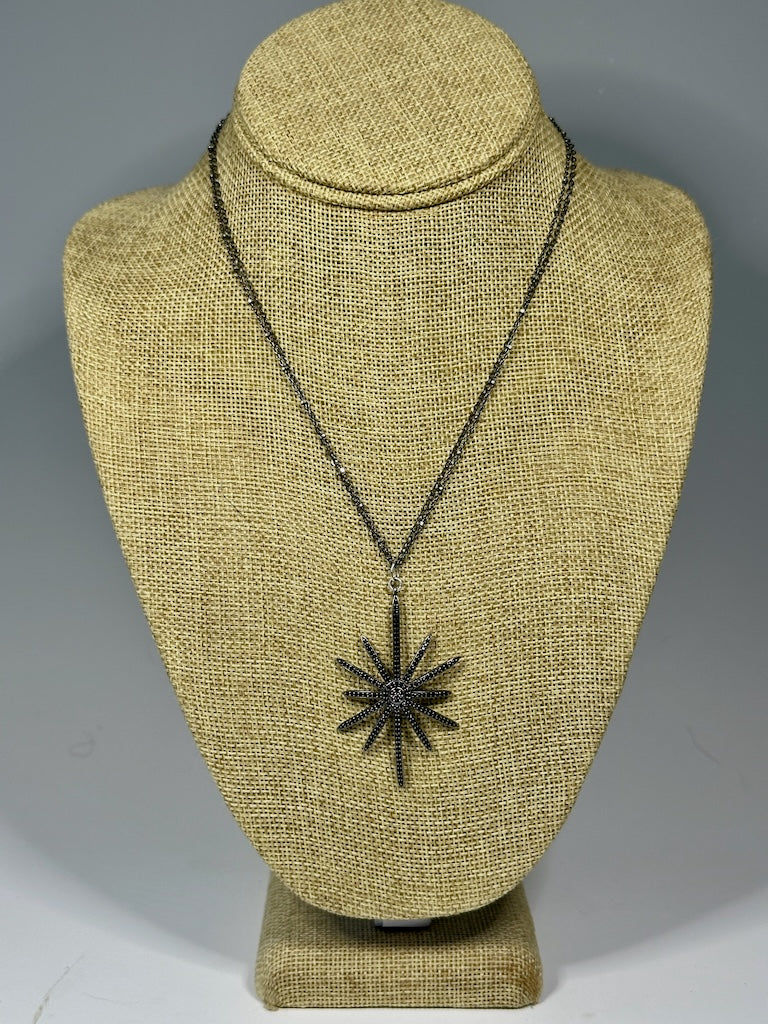 OXIDIZED STERLING SILVER AND DIAMOND STARBURST PENDANT WITH DOUBLE OXIDIZED STERLING SILVER CHAIN LCN1069