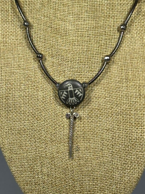VINTAGE PHOENIX BUTTON NECKLACE WITH HEMATITE, PYRITE AND STERLING SILVER LCN1099