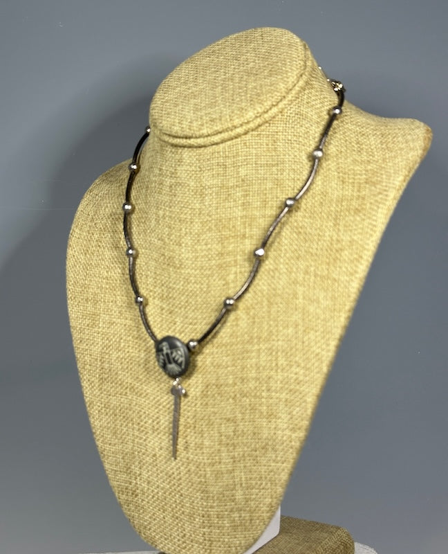 VINTAGE PHOENIX BUTTON NECKLACE WITH HEMATITE, PYRITE AND STERLING SILVER LCN1099