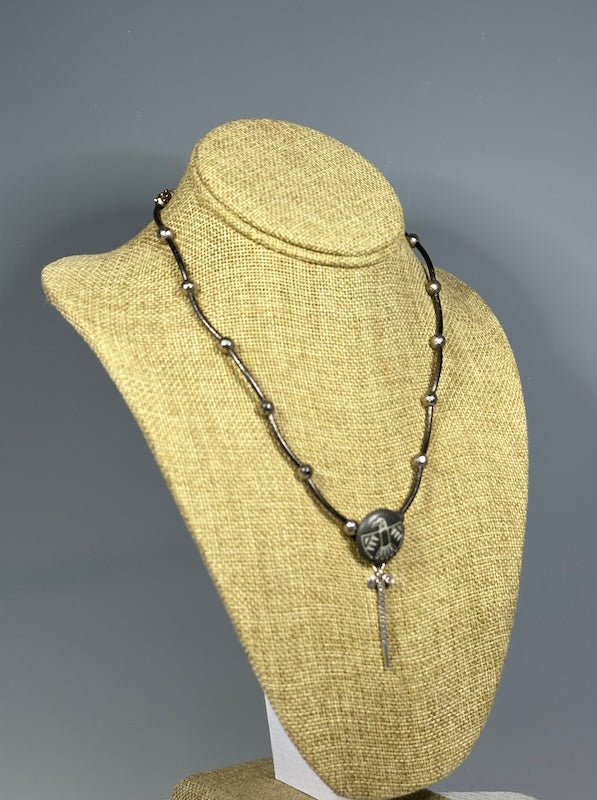VINTAGE PHOENIX BUTTON NECKLACE WITH HEMATITE, PYRITE AND STERLING SILVER LCN1099