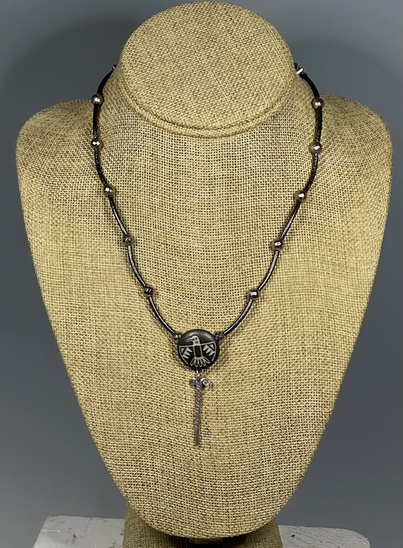 VINTAGE PHOENIX BUTTON NECKLACE WITH HEMATITE, PYRITE AND STERLING SILVER LCN1099
