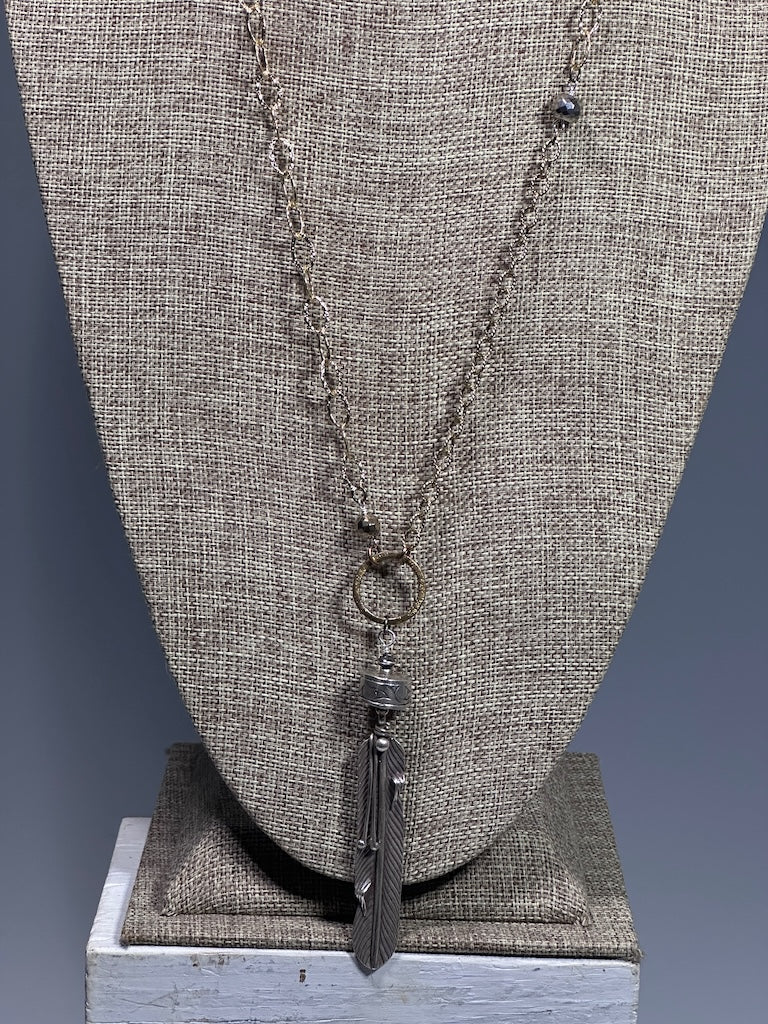 MIXED BRASS, PYRITE AND STERLING SILVER FEATHER STATEMENT NECKLACE LCN2010