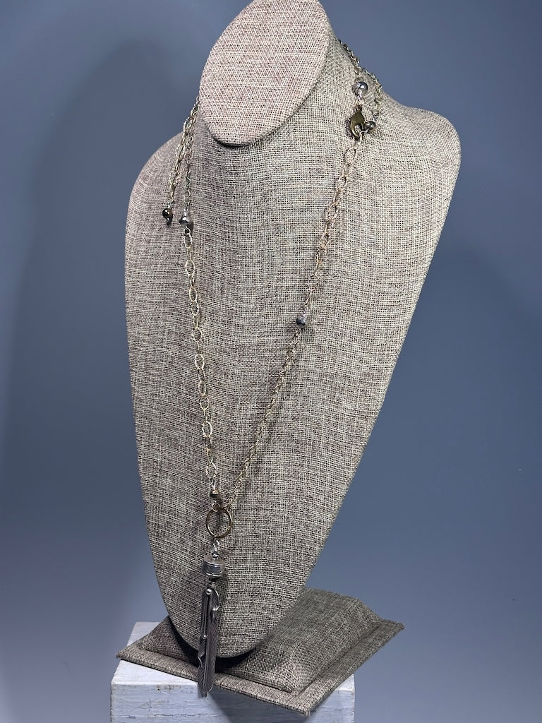 MIXED BRASS, PYRITE AND STERLING SILVER FEATHER STATEMENT NECKLACE LCN2010