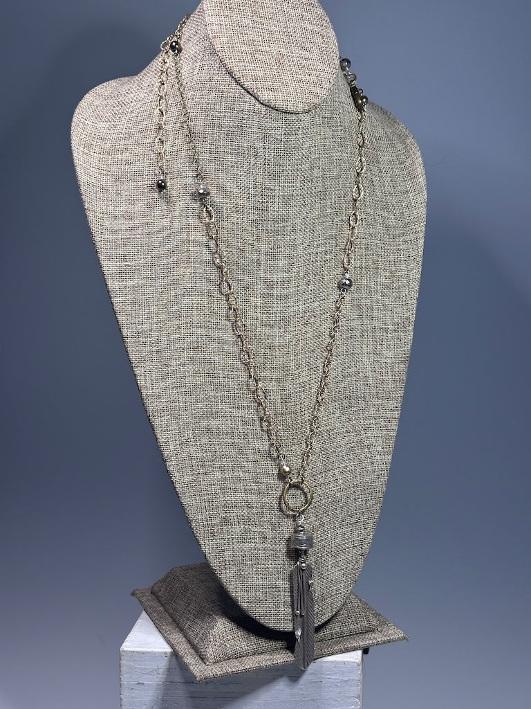 MIXED BRASS, PYRITE AND STERLING SILVER FEATHER STATEMENT NECKLACE LCN2010