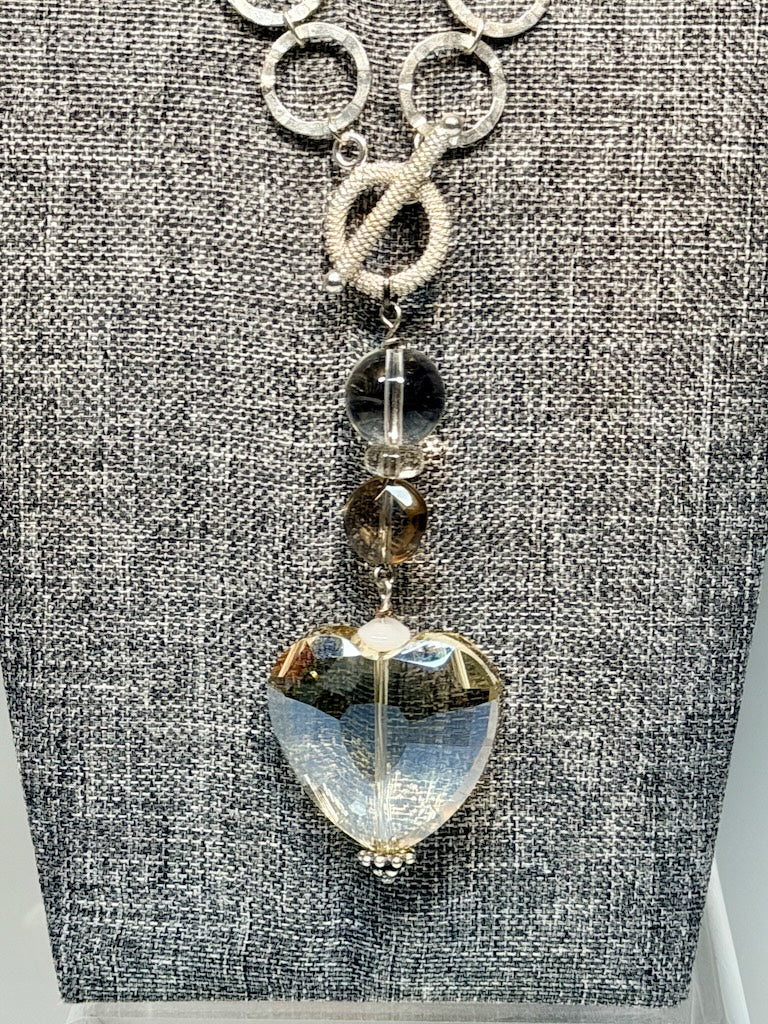 STERLING SILVER RING NECKLACE WITH CRYSTAL HEART AND STERLING SILVER FRONT TOGGLE CLOSURE LCN2025