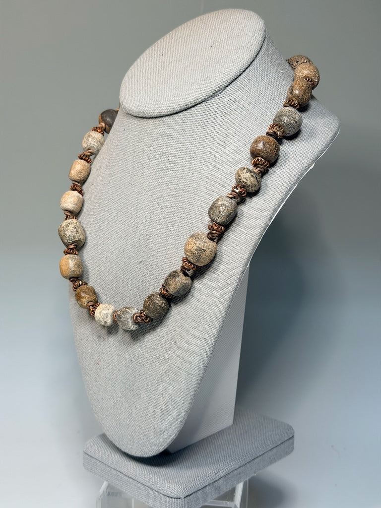 DINOSAUR BONE BEAD AND COPPER NECKLACE WITH HAND KNOTTED LEATHER LCN2028