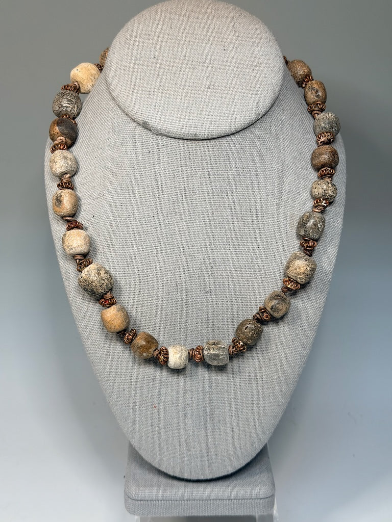 DINOSAUR BONE BEAD AND COPPER NECKLACE WITH HAND KNOTTED LEATHER LCN2028
