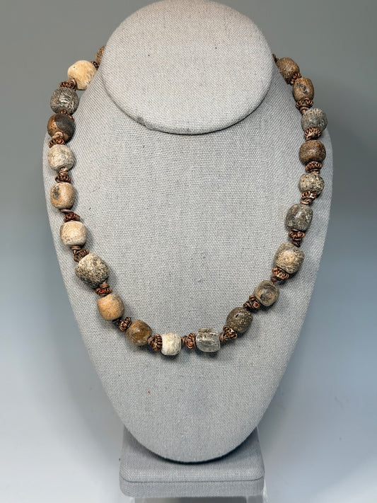 DINOSAUR BONE BEAD AND COPPER NECKLACE WITH HAND KNOTTED LEATHER LCN2028