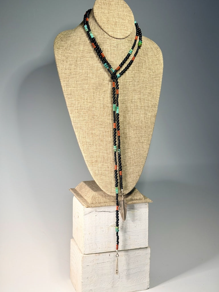TURQUOISE, CORAL AND BLACK BEAD LARIAT WITH STERLING SILVER FEATHER LCN2047