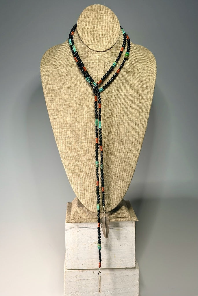TURQUOISE, CORAL AND BLACK BEAD LARIAT WITH STERLING SILVER FEATHER LCN2047