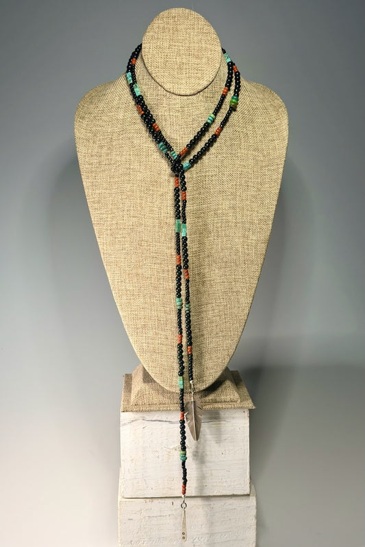 TURQUOISE, CORAL AND BLACK BEAD LARIAT WITH STERLING SILVER FEATHER LCN2047