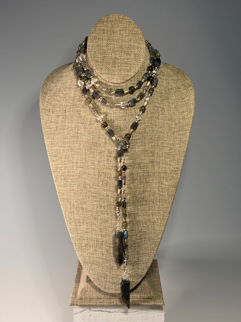 LABRADORITE, CRYSTAL AND SILVER LARIAT WITH LARGE LABRADORITE SPEARS LCN2049