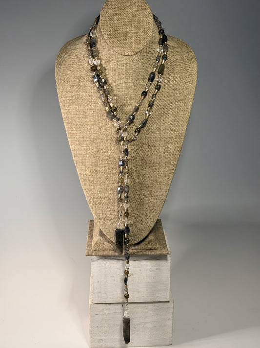 LABRADORITE, CRYSTAL AND SILVER LARIAT WITH LARGE LABRADORITE SPEARS LCN2049