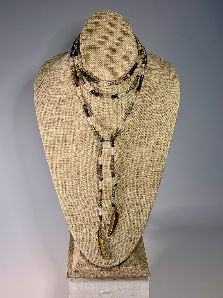 PICASSO MARBLE, CRYSTAL AND METAL LARIAT WITH BRASS FEATHER CHARMS LCN2050