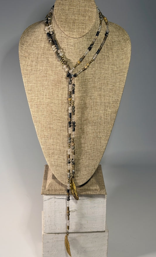 PICASSO MARBLE, CRYSTAL AND METAL LARIAT WITH BRASS FEATHER CHARMS LCN2050