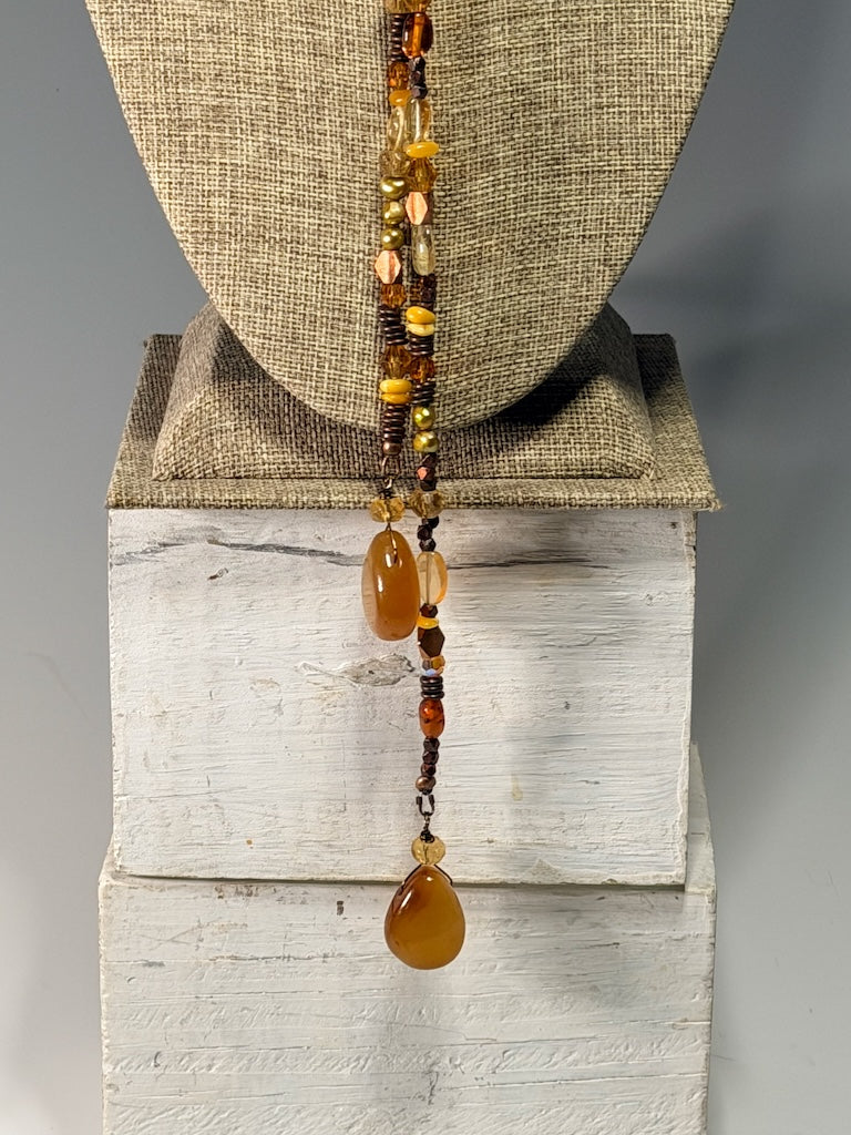 AMBER, CITRINE, COPPER AND CRYSTAL LARIAT WITH CITRINE CHARMS LCN2051