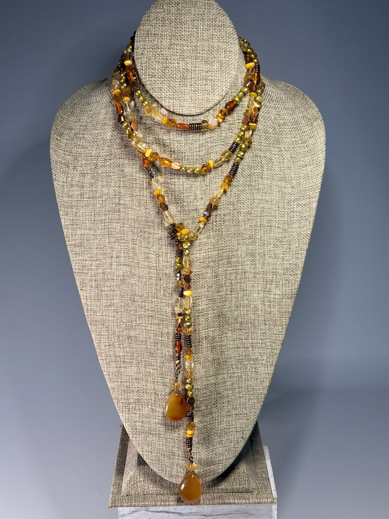 AMBER, CITRINE, COPPER AND CRYSTAL LARIAT WITH CITRINE CHARMS LCN2051