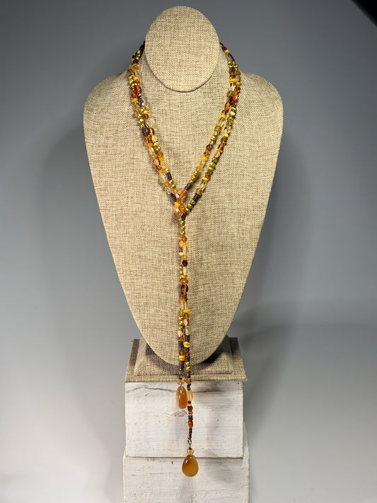 AMBER, CITRINE, COPPER AND CRYSTAL LARIAT WITH CITRINE CHARMS LCN2051