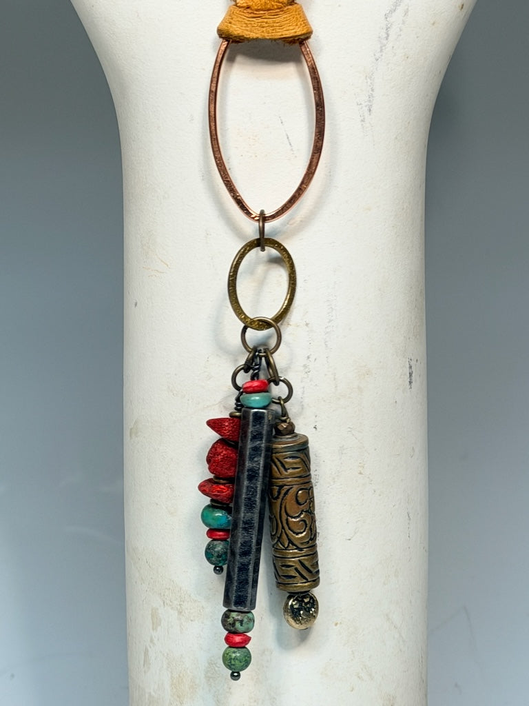 MIXED MEDIA ADJUSTABLE DEER SUEDE LEATHER WITH TURQUOISE AND CORAL LCN2068